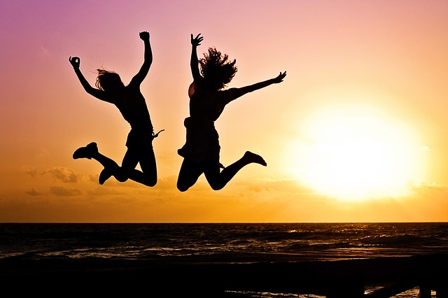 Youth, Active, Jump, Happy, Sunrise, Silhouettes, Two