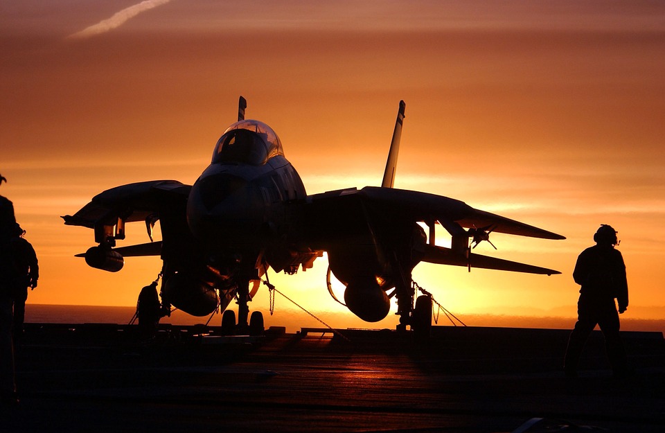 Military Jet Fighter, Aircraft Carrier, Sundown