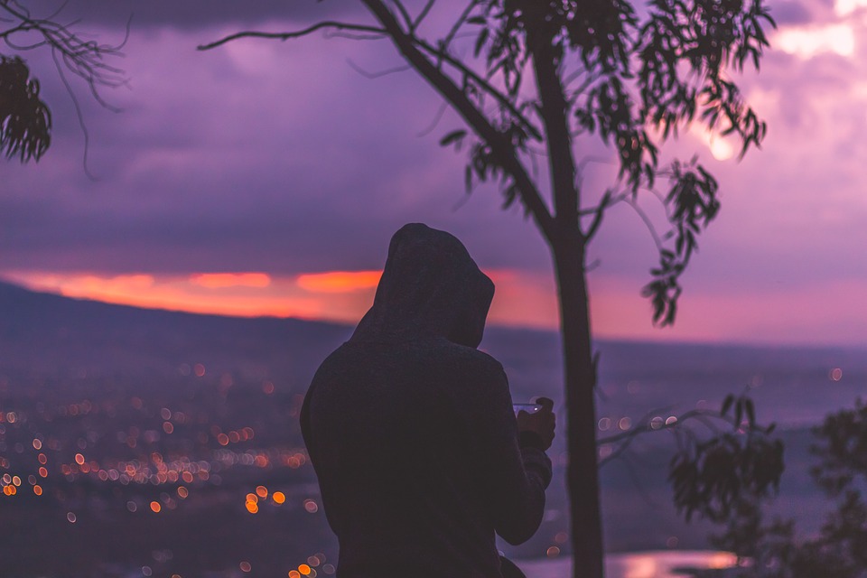 Alone, man, lonely, sunset, picturesque, texting